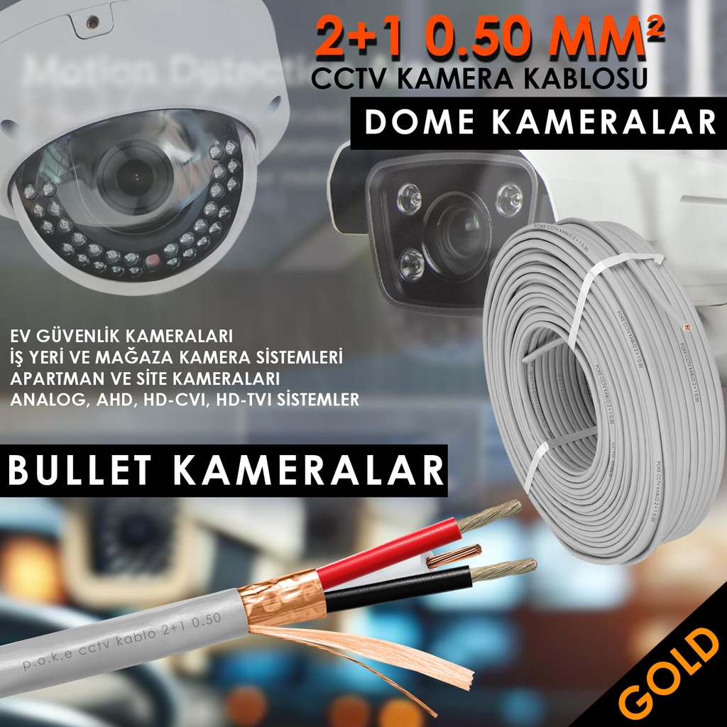 2+1 Dış Mekan CCTV 0.50 Kamera Kablosu Gold IP66 100mt Poke PK-1463