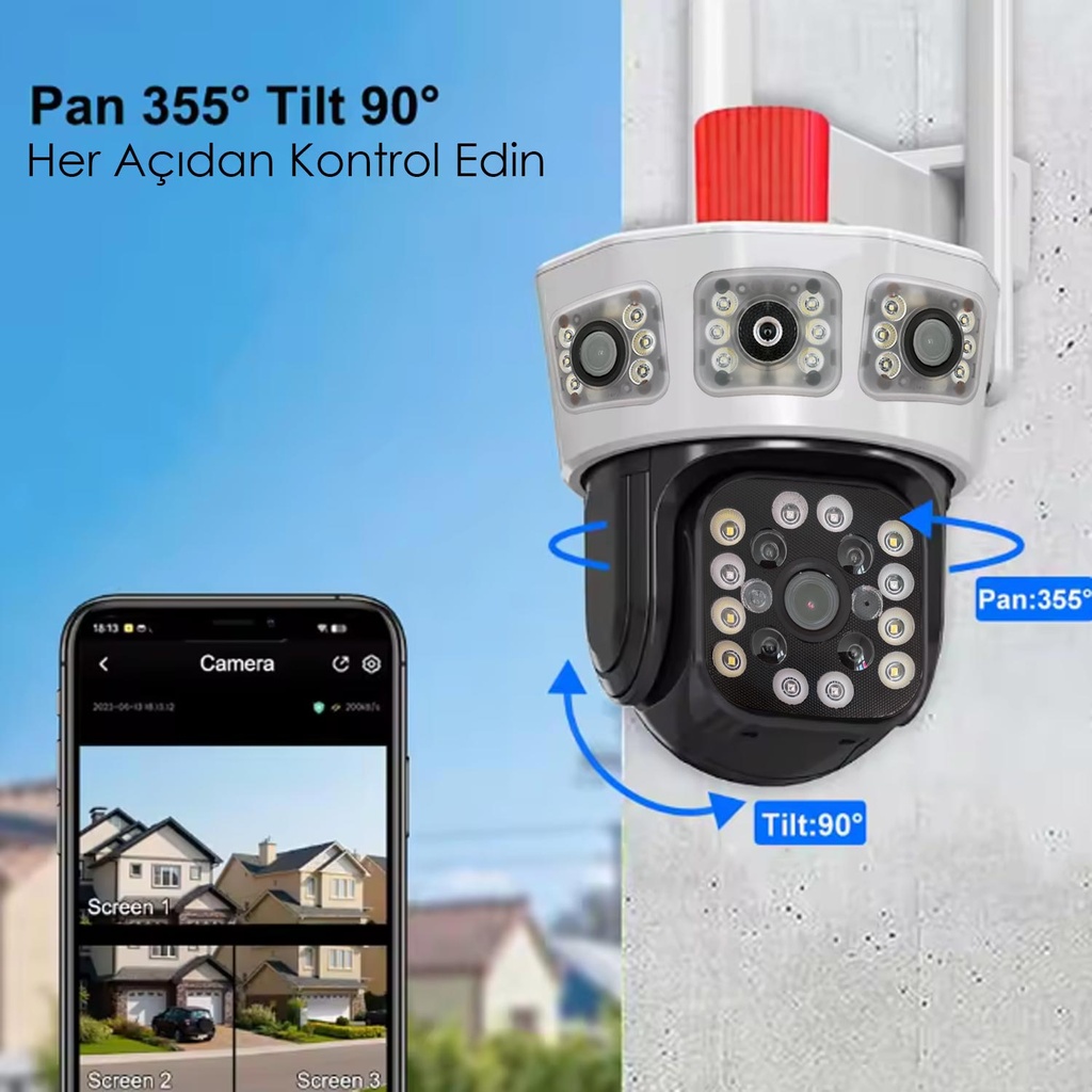 Wifi PTZ 3 Kamera 9MP Gece Renkli Sesli Alarmlı Apronx WP-390