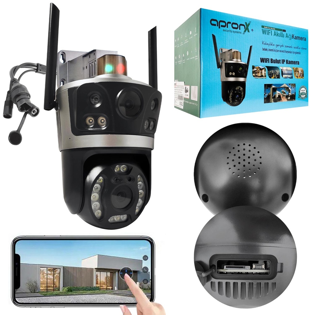Kablosuz PTZ Akıllı Güvenlik Kamerası 2 Lens 6+5MP Gece Renkli Sesli Apronx APX-WPG262
