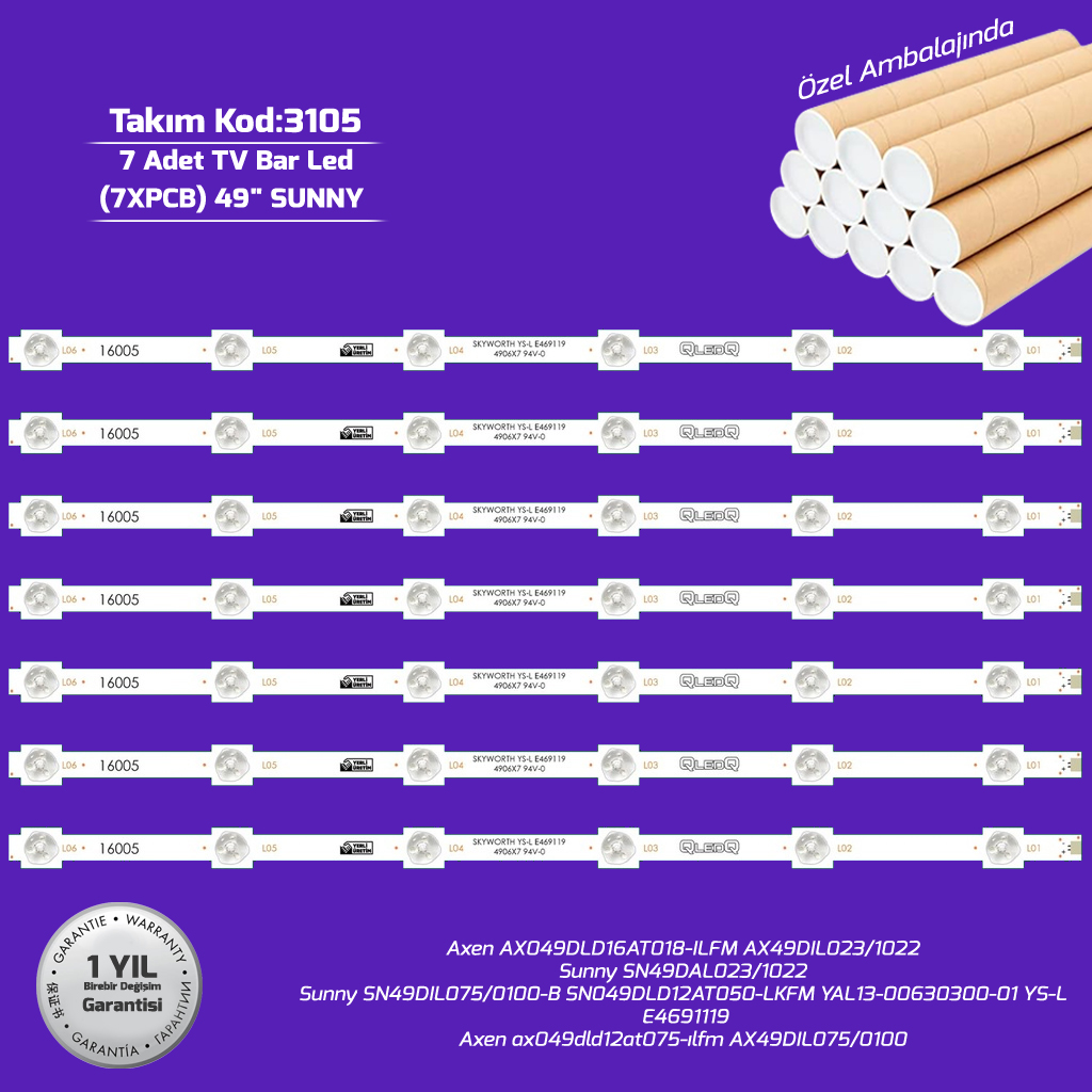 49'' Ys L E469119 Ax049Dld16At018 Ilfm Ax49Dıl023 1022 Sn49Dal023 1022 Sunny Axen 7adet Tv Bar Led