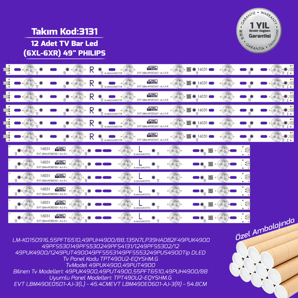49'' Philips 49Pus4900 49Pfs5531 49Pfs4131 49Pfs5302 49Pfs5301 49Puk4900 Evtlbm490E0501 Evtlbm490E0601 12 Adet Tv Bar Led