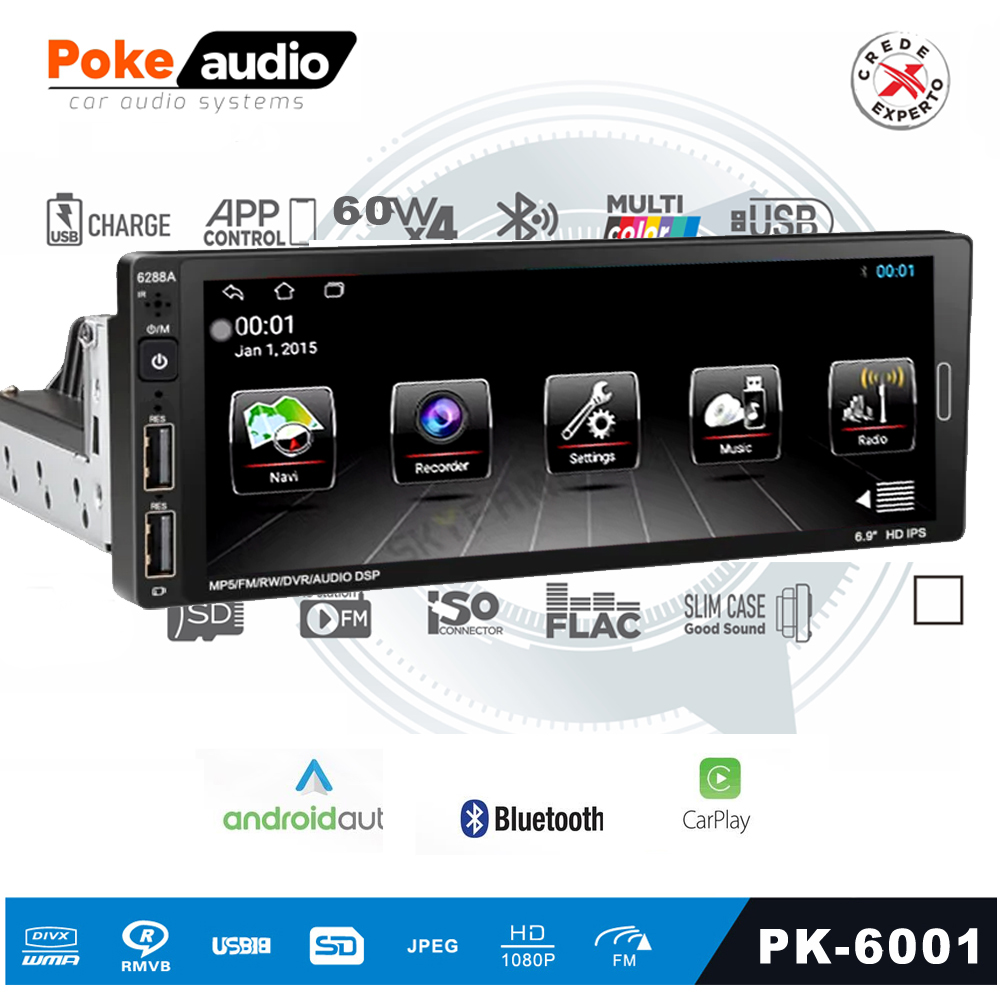 6.9'' Tek Din Teyp 4x60w Android 2-32 GPS 2xusb Şarjlı APP Poke Pk-6001 