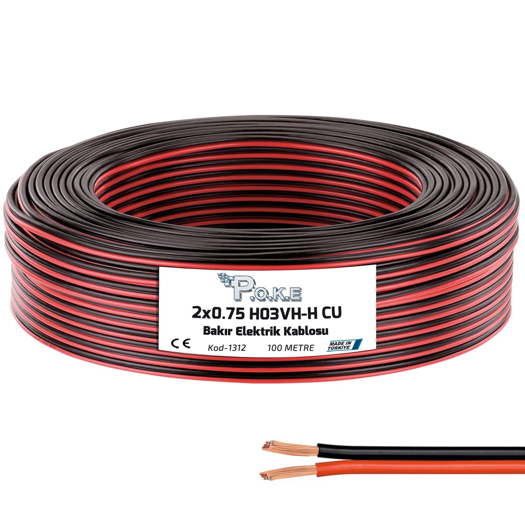 2x0.75 Elektrik Kablosu H03VH-H CU Bakır Kordon Siyah 100mt Poke PK-1312