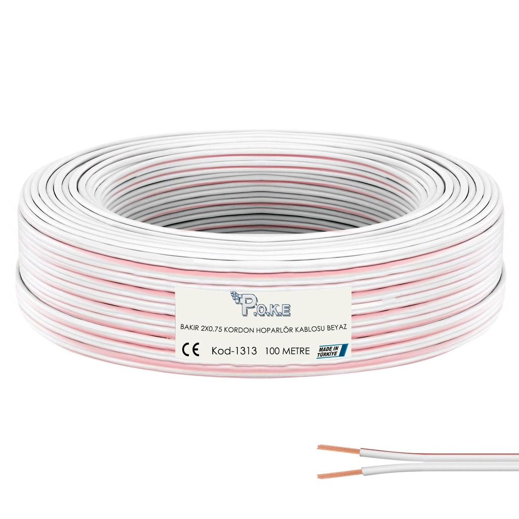 2x0.75 Elektrik Kablosu H03VH-H CU Bakır Kordon Beyaz 100mt Poke PK-1313