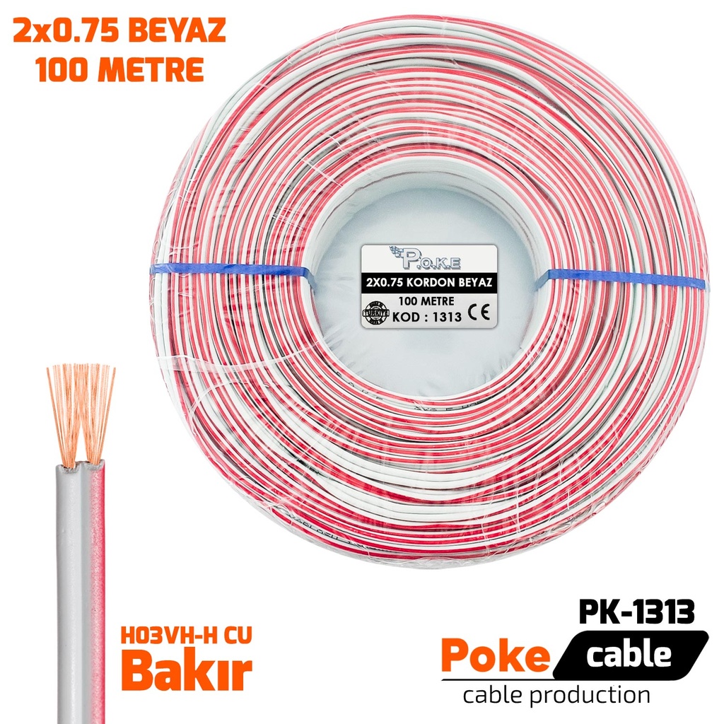 2x0.75 Elektrik Kablosu H03VH-H CU Bakır Kordon Beyaz 100mt Poke PK-1313