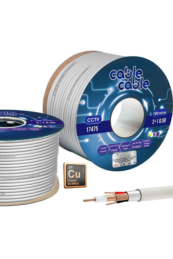 2+1 2x0.50 Tam Bakır CU CCTV Kamera Kablosu 100mt Poke PK-1319