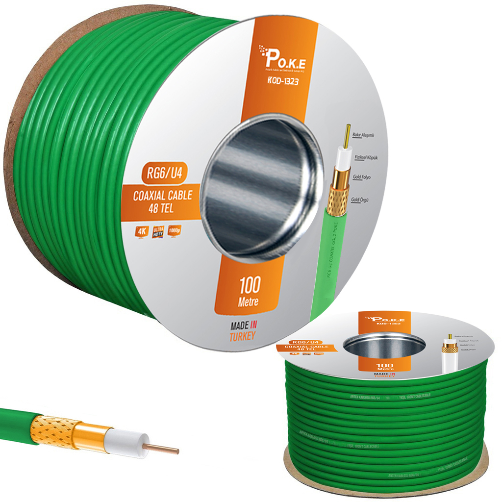 48Tel Gold Anten Kablosu RG6/U6 0.80 Yeşil 100mt Poke Pk-1323