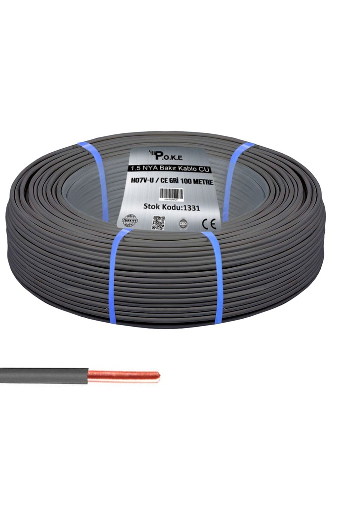 1.5 NYA Bakır CU Kablo H07V-U CE Gri 100mt Poke PK-1331