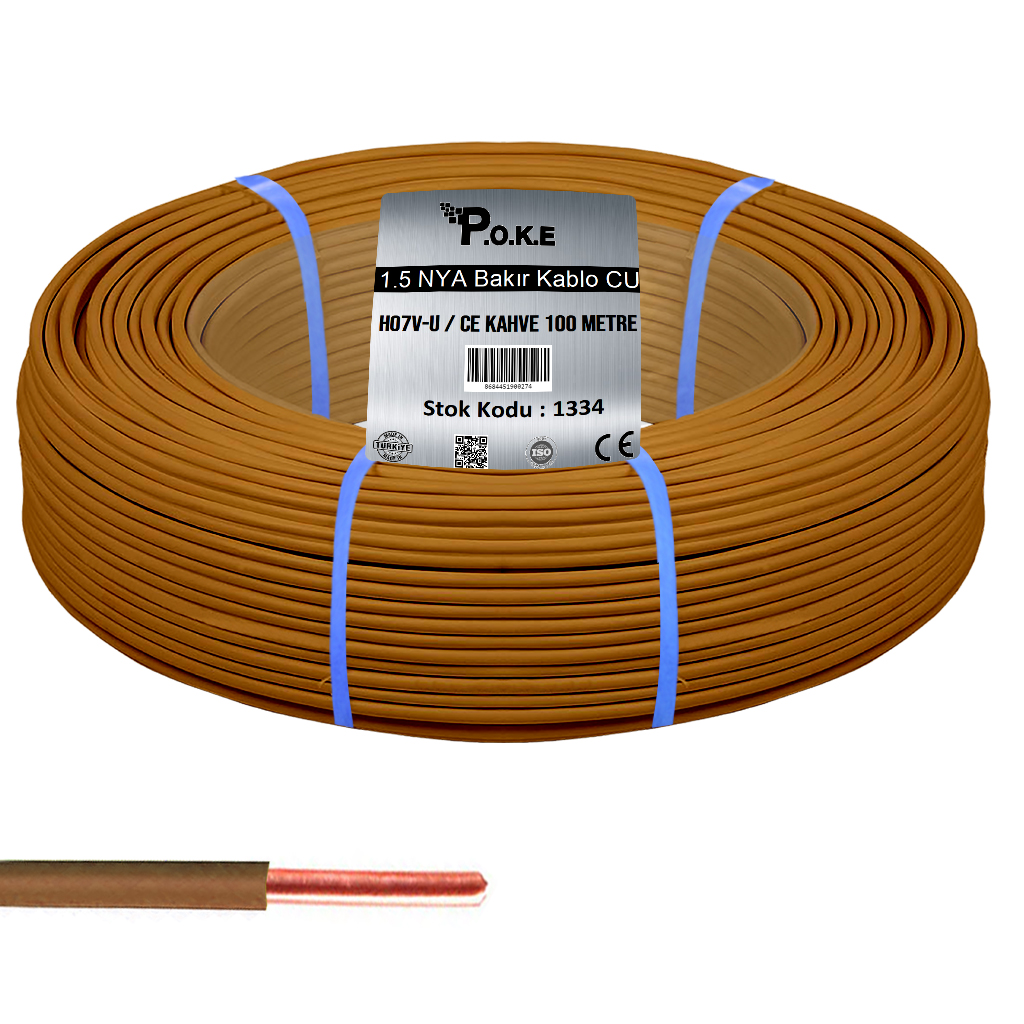 1.5 NYA Bakır CU Kablo H07V-U CE Kahve 100mt Poke PK-1334