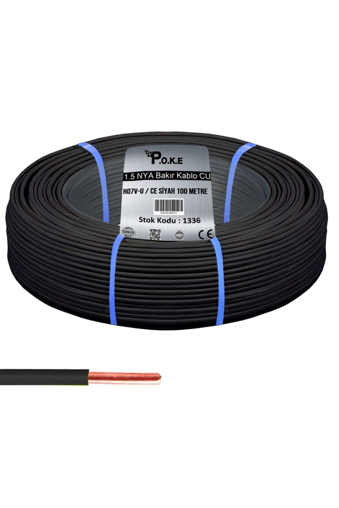 1.5 NYA Bakır CU Kablo H07V-U CE Siyah 100mt Poke PK-1336