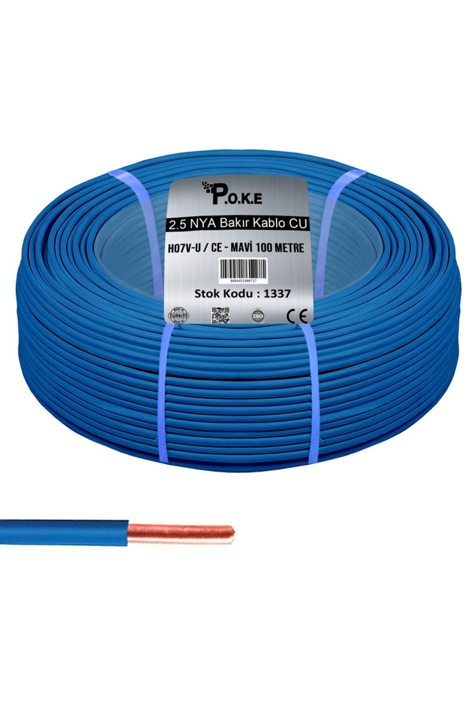 2.5 NYA Bakır CU Kablo H07V-U CE Mavi 100 mt Poke PK-1337