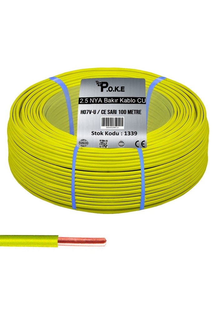 2.5 NYA Bakır CU Kablo H07V-U CE Sarı 100 mt Poke PK-1339