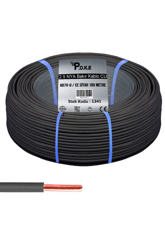 2.5 NYA Bakır CU Kablo H07V-U CE Siyah 100 mt Poke PK-1341