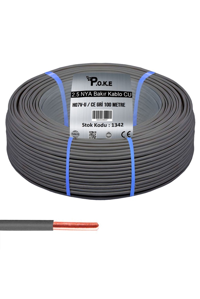 2.5 NYA Bakır CU Kablo H07V-U CE Gri 100mt Poke PK-1342