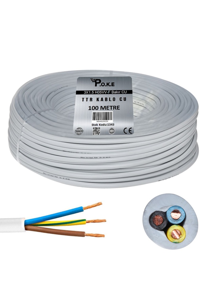 3x1.5 H05VV-F Bakır TTR Kablo CU 100mt Poke PK-1343