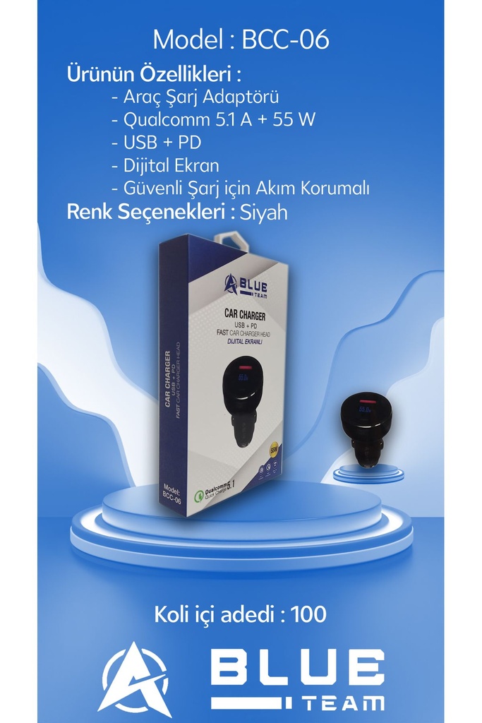 Araç Şarj Adaptörü Usb - Pd Type C Quick Qualcomm 55W Süper Hızlı BlueTeam BCC-06 TK