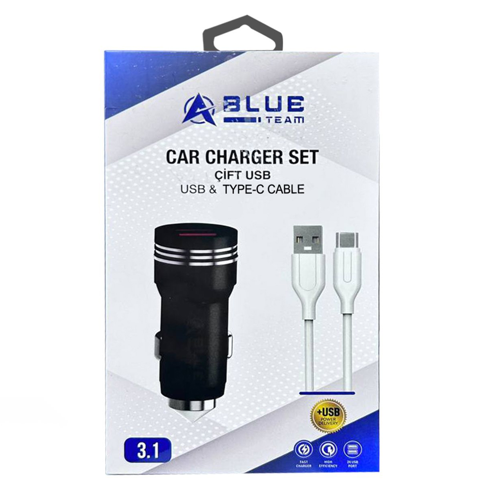 Araç Şarj Adaptörü Type-C Çift Girişli Fast Charger 3.1a Hızlı BlueTeam BCC-03Type-C TK