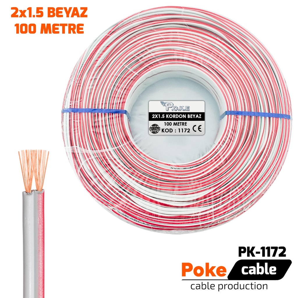 2x1.5 Hoparlör Kablosu Beyaz Kordon 100mt Poke Pk-1172