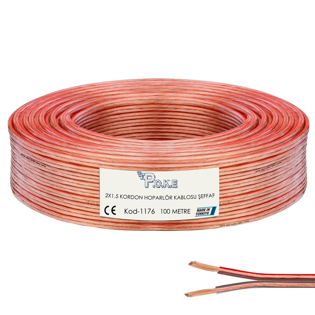 2x1.5 Hoparlör Kablosu Şeffaf Kordon 100mt Poke PK-1176