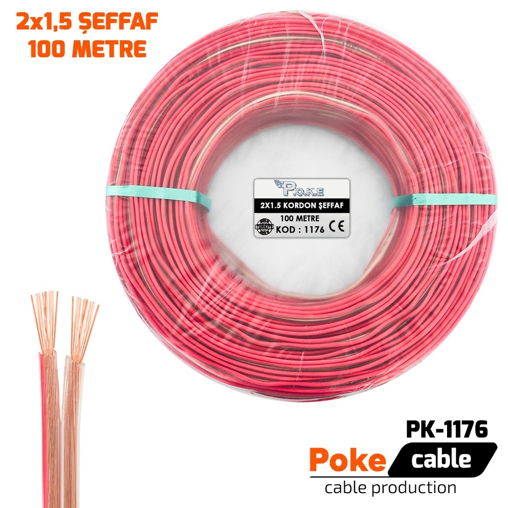 2x1.5 Hoparlör Kablosu Şeffaf Kordon 100mt Poke Pk-1176