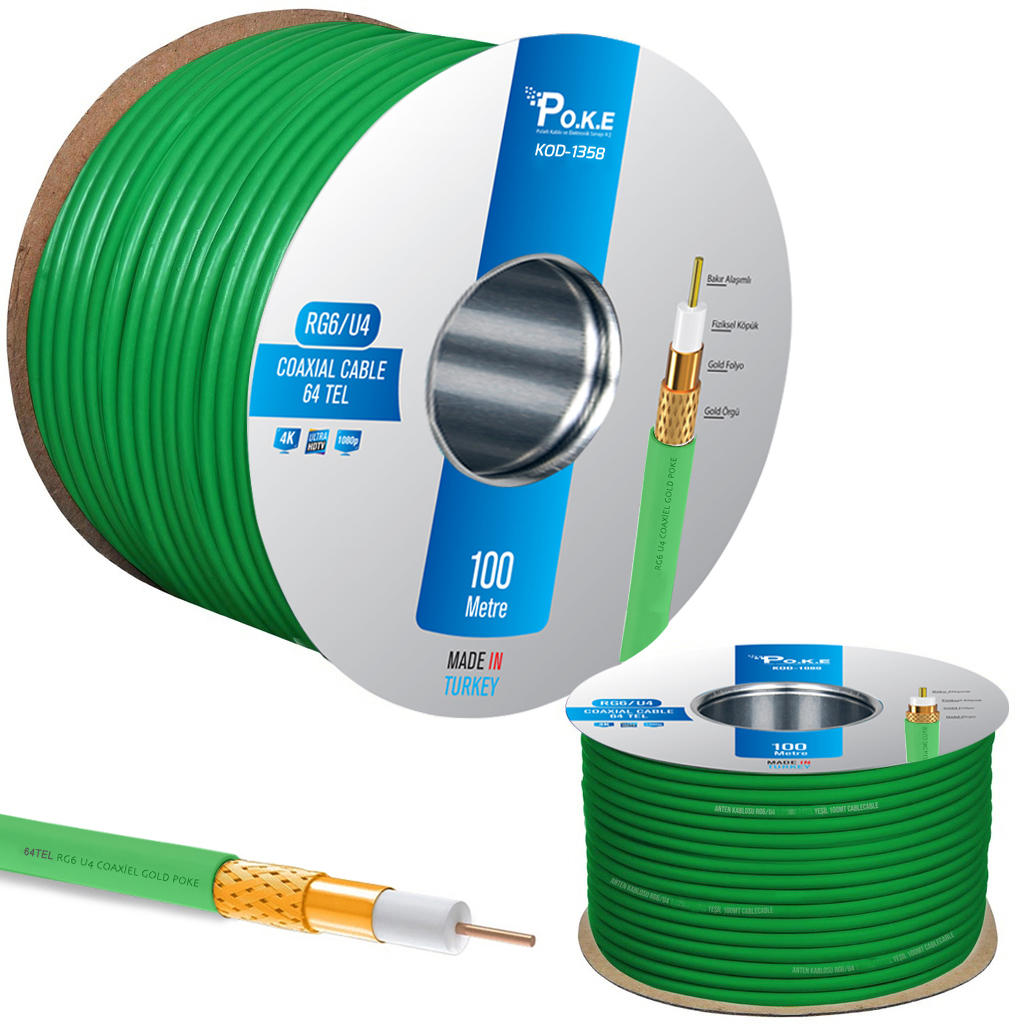 Anten Kablosu Gold RG6/U4 64Tel 1.02 Yeşil 100mt Poke PK-1358