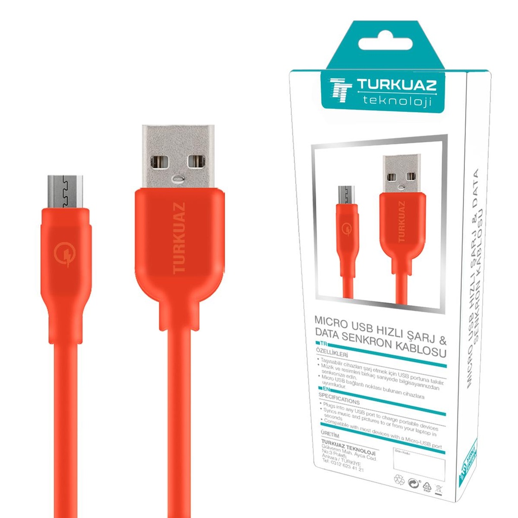 Micro Şarj Kablosu 2.4a Turuncu 100cm Turkuaz