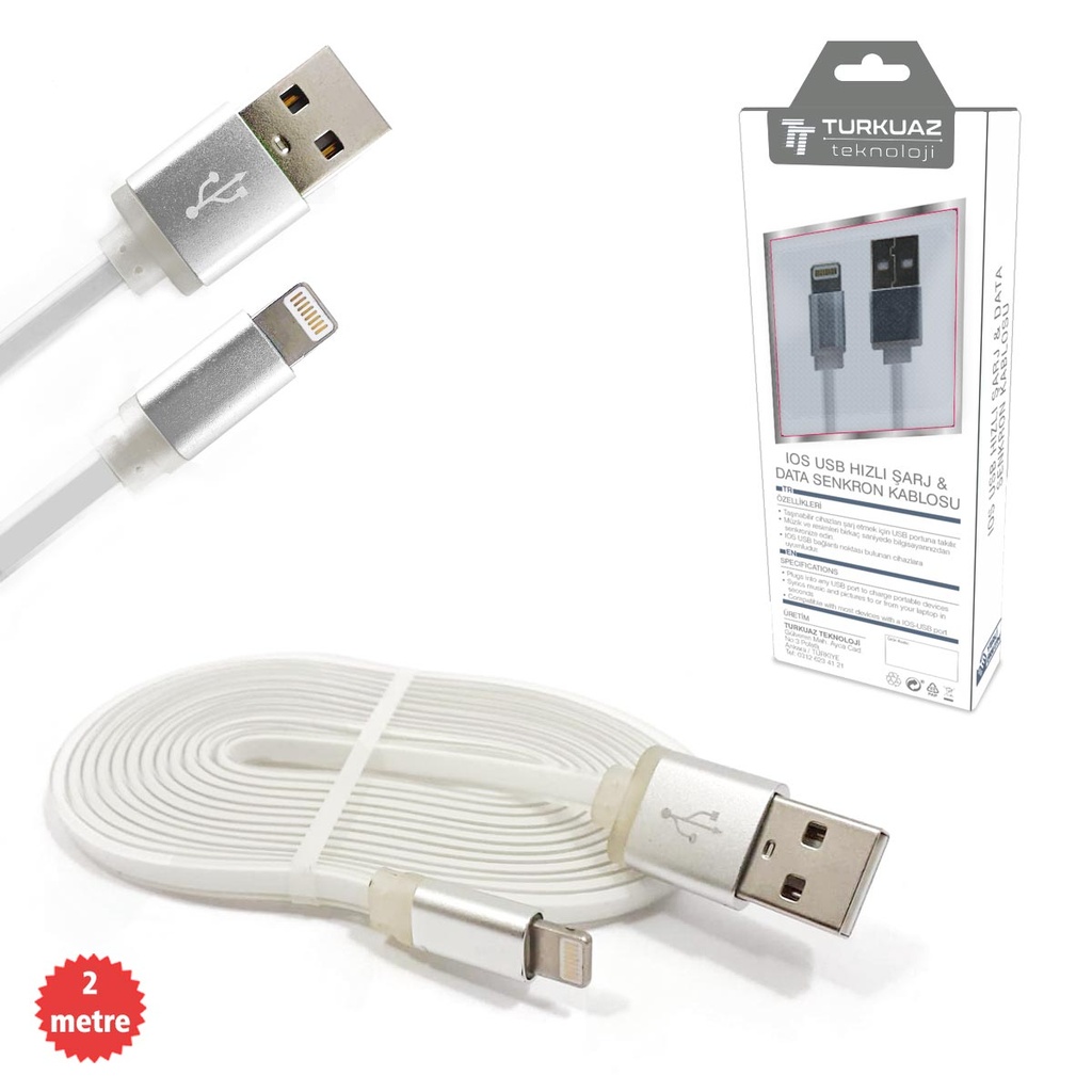 Iphone Şarj Kablosu Flat Beyaz 2.4a 200cm Turkuaz-kr32