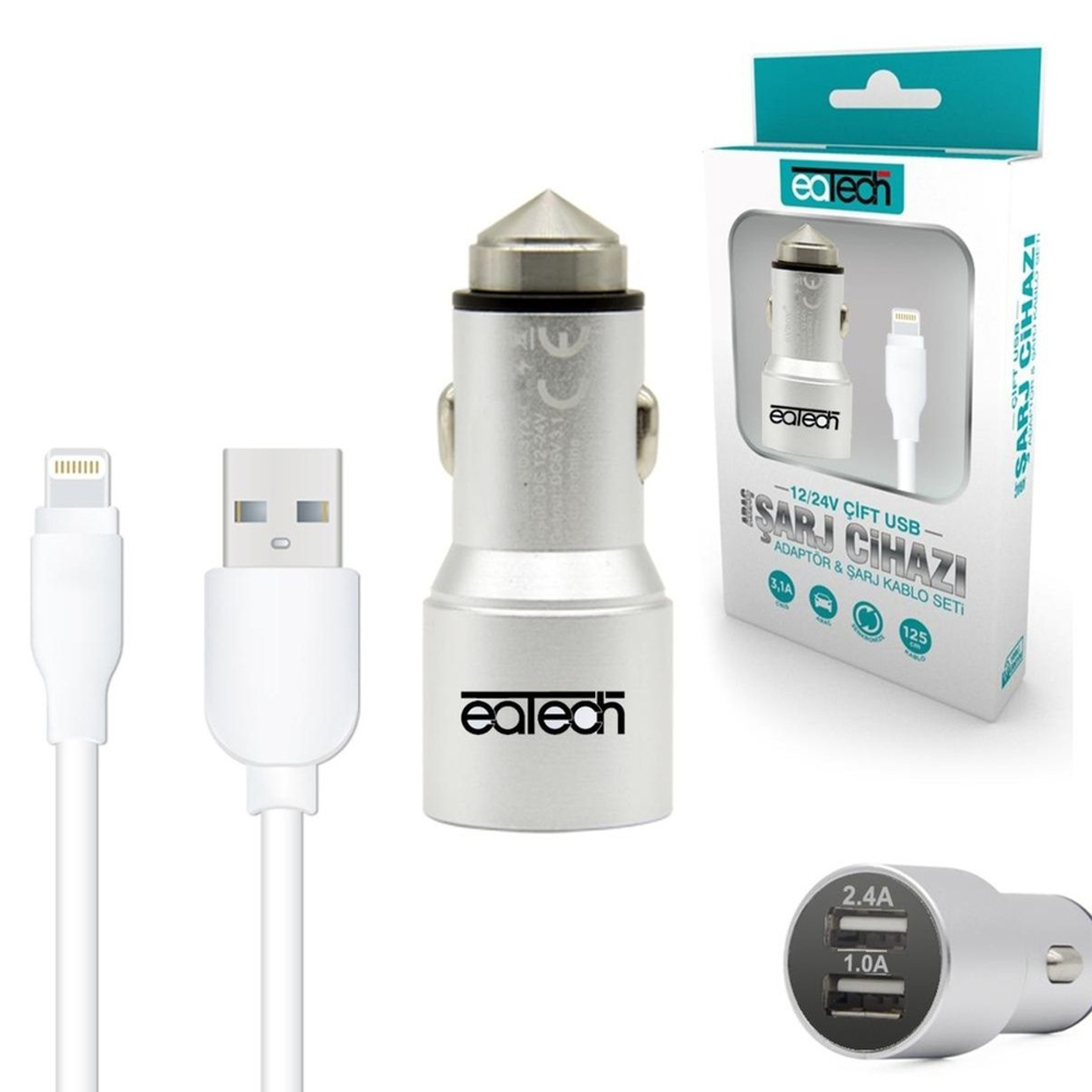 Iphone Araç Şarj Adaptörü 2xUsb Metal Eatech