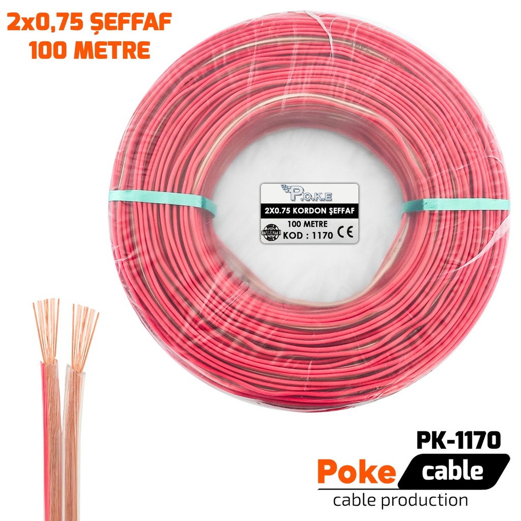 2x0.75 Hoparlör Kablosu Şeffaf Kordon 100mt Poke Pk-1170
