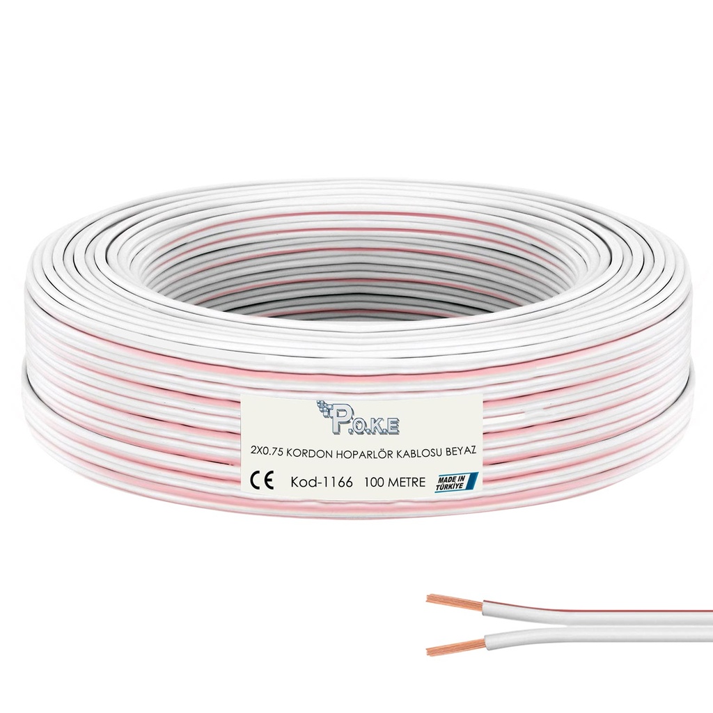 2x0.75 Hoparlör Kablosu Beyaz Kordon 100mt Poke Pk-1166