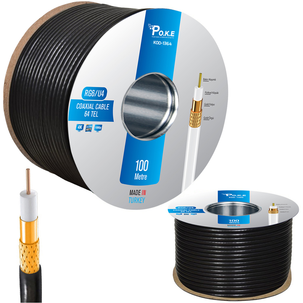 Anten Kablosu Gold RG6/U4 64Tel 1.02 100mt Siyah Poke PK-1364