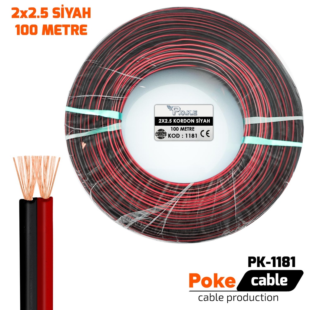 2x2.5 Hoparlör Kablosu Siyah Kordon 100mt Poke PK-1181 