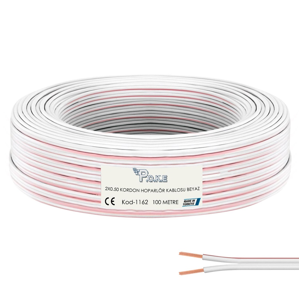2x0.50 Hoparlör Kablosu Kordon Beyaz 100mt Poke PK-1162