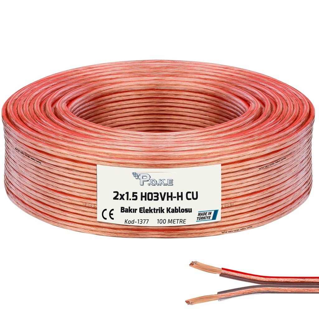 2x1.5 Elektrik Kablosu H03VH-H Bakır Kordon Şeffaf 100mt Poke PK-1377