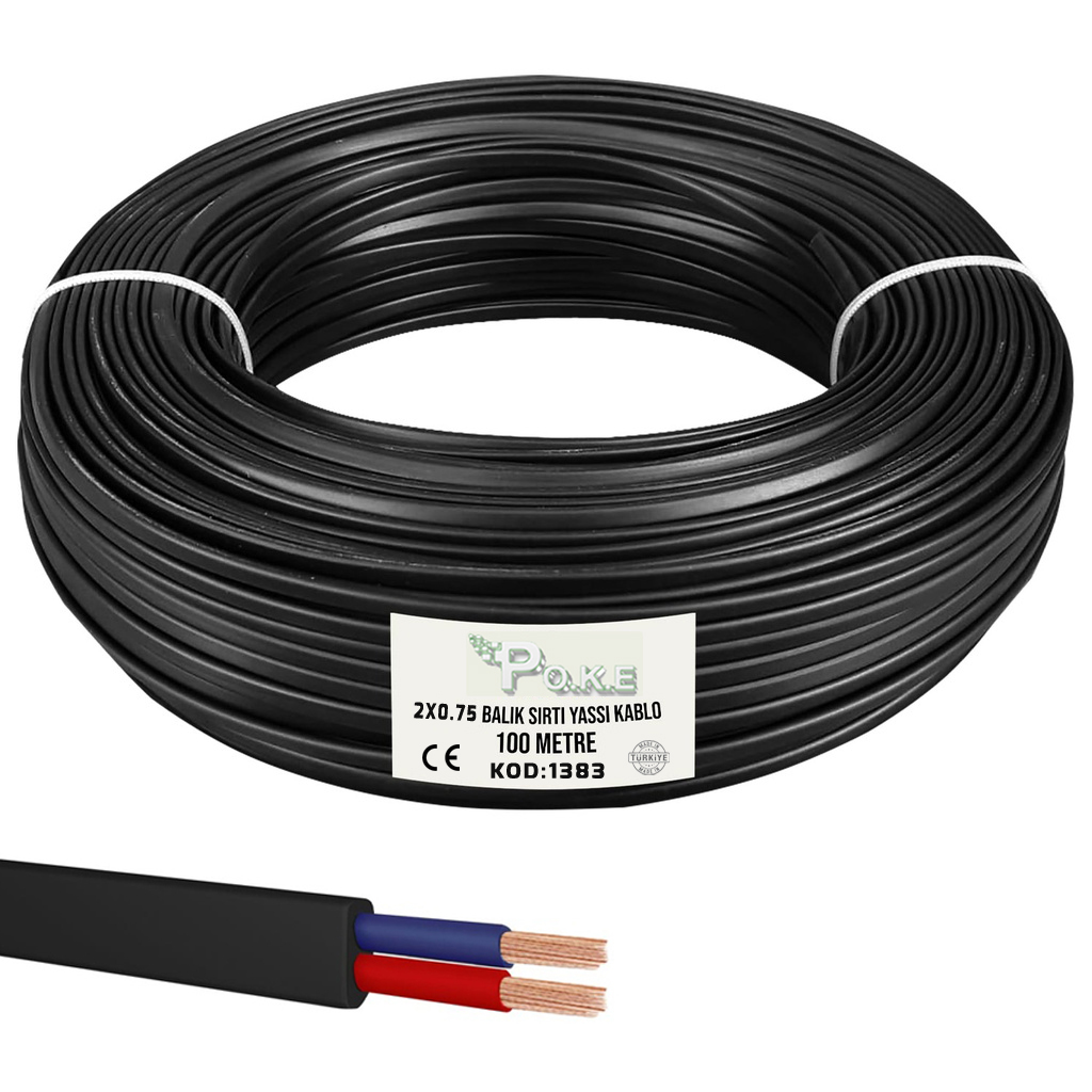 2x0.75 TTR Balık Sırtı Yassı Kablo Siyah 100mt Poke Pk-1383