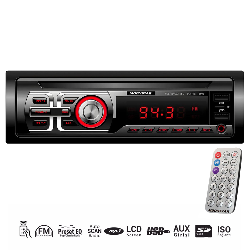 Oto Teyp 4x50w Siri Sesli Komut Aplikasyon Bt 2usb Sd Fm Aux Moonstar BMS-2801