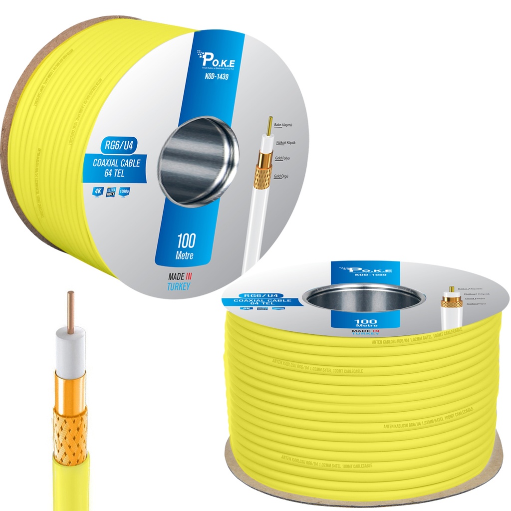 64Tel Gold Anten Kablosu RG6/U6 1.02 Sarı 100mt Poke PK-1439