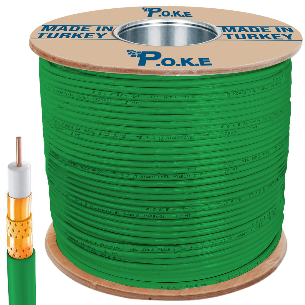 Anten Kablosu Rg6/U4 112Tel 1.02 Gold Trishield Yeşil 300mt Poke PK-1440