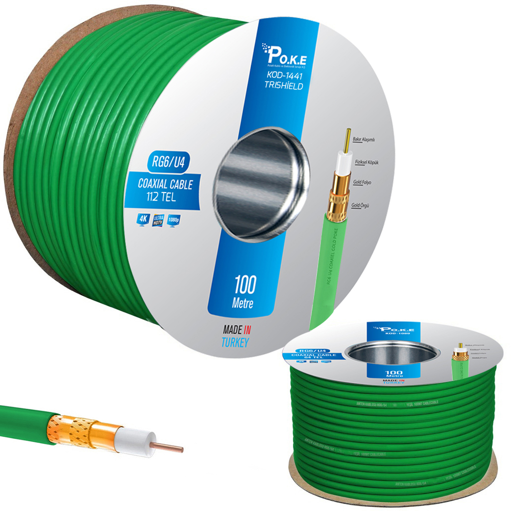Anten Kablosu Rg6/U4 112Tel 1.02 Gold Trishield Yeşil 100mt Poke PK-1441