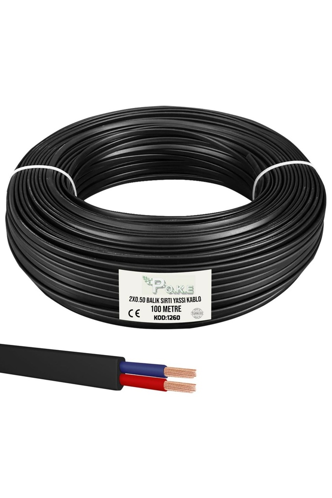 2x0.50 Yassı Kablo Balık Sırtı Siyah 100mt Poke Pk-1260