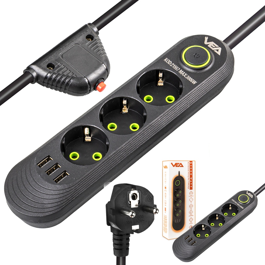 Üçlü Grup Priz 1.5mt Akım Korumalı 3 Usb'li Vea VA-21557