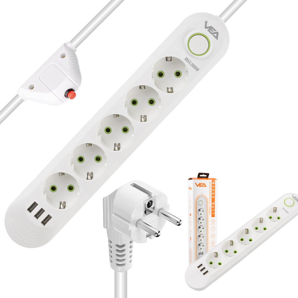 Beşli Grup Priz 1.5mt Akım Korumalı 3 Usb'li Vea VA-21562