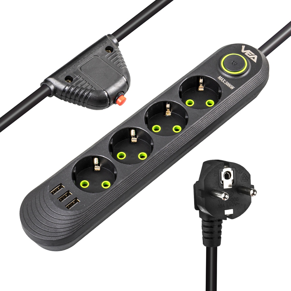 Dörtlü Grup Priz 1.5mt Akım Korumalı 3 Usb'li Vea VA-21559  