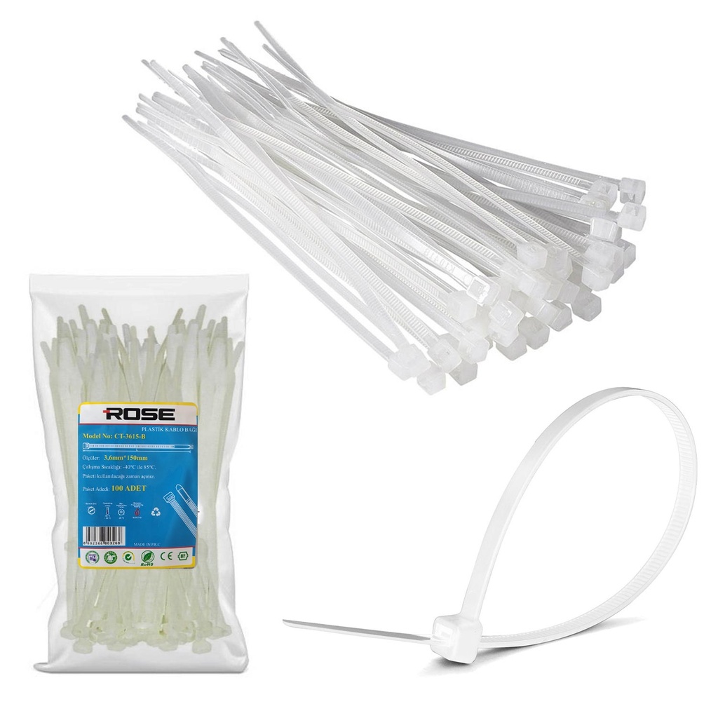 Kablo Bağı 15cm 3.6mm Naylon Beyaz 100 Adet Rose CT-3615B