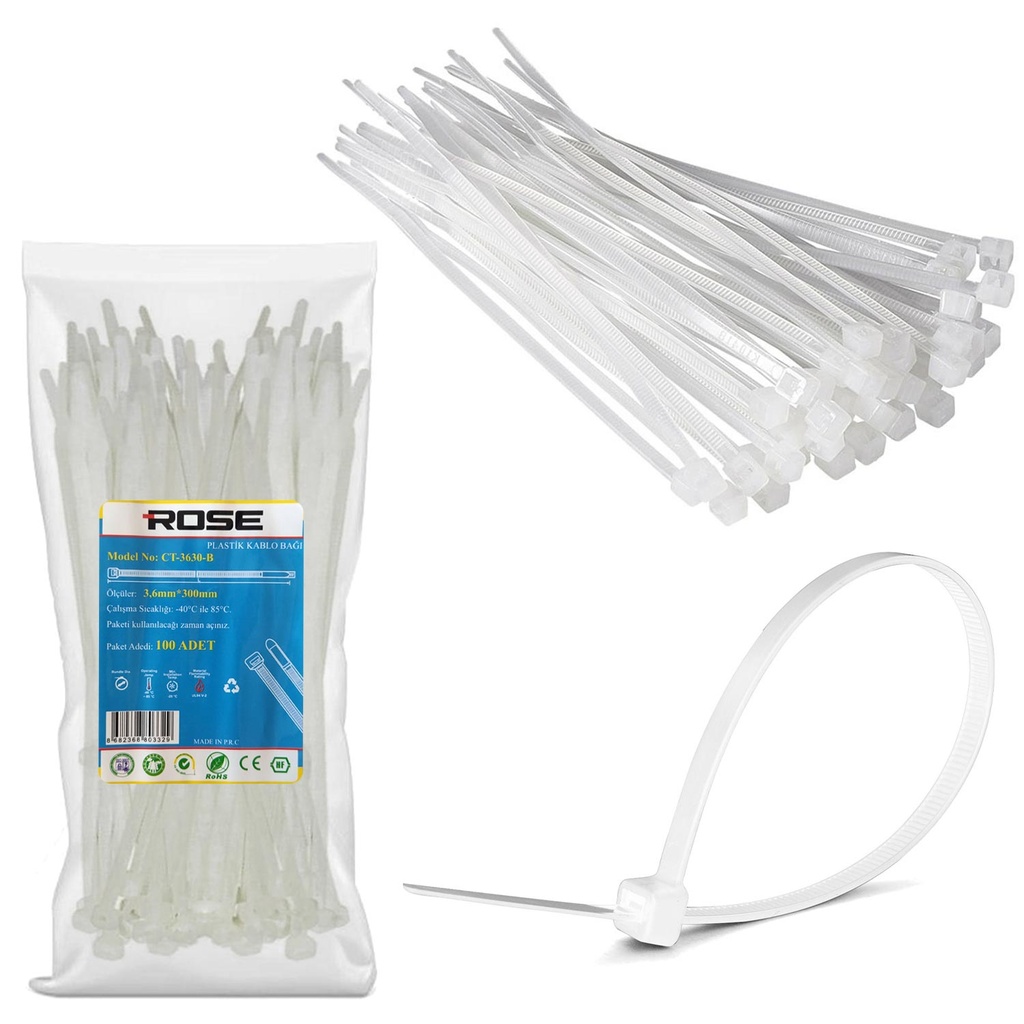 Kablo Bağı 30cm 3.6mm Naylon Beyaz 100 Adet Rose CT-3630B