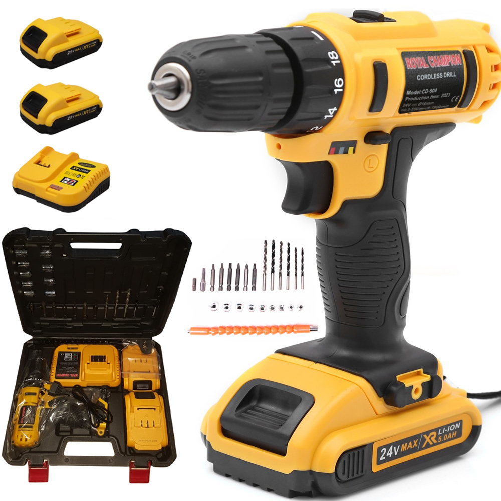 Çift Akülü Vidalama Şarjlı Matkap 24V 4000MA Li-on 32 Parça Royal Champion CD-504