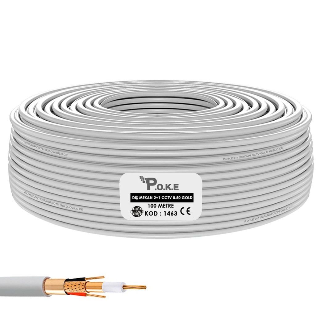 2+1 Dış Mekan CCTV 0.50 Kamera Kablosu Gold IP66 100mt Poke PK-1463