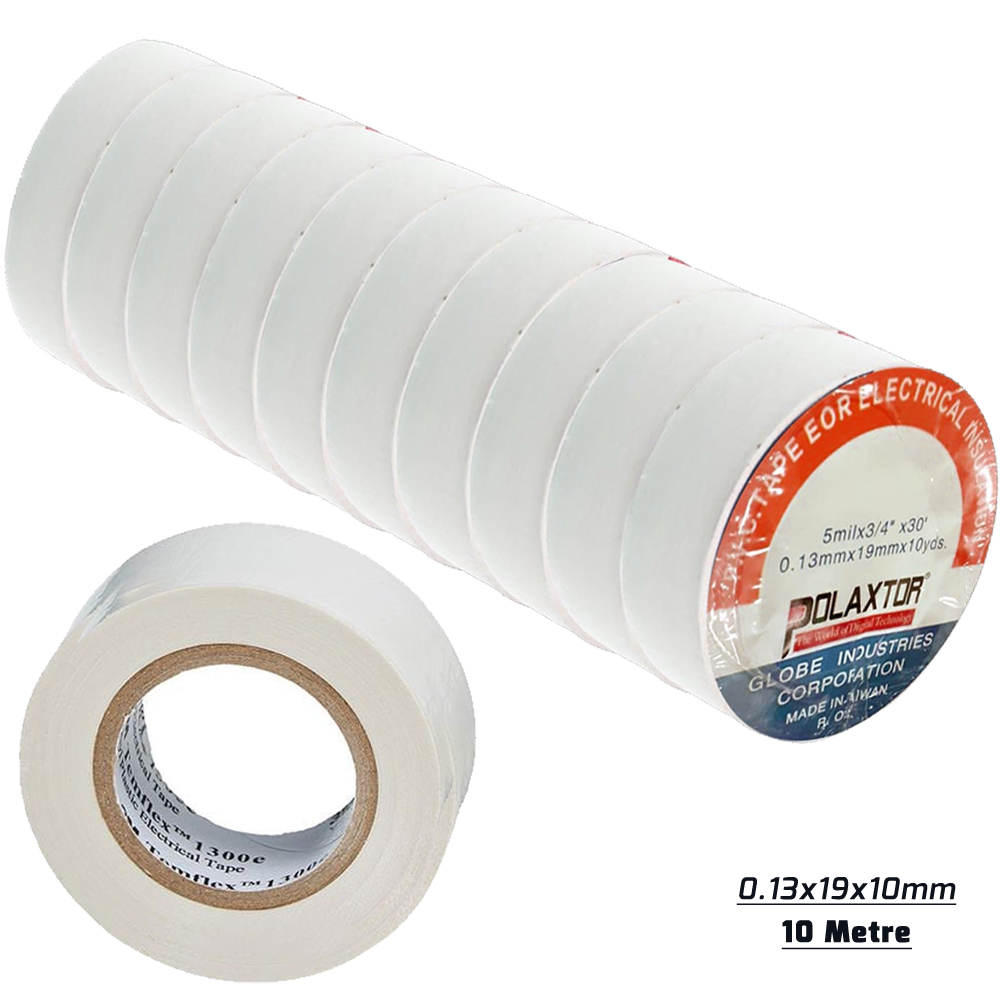 İzole Bant Beyaz 10mt 0.13x19x10mm 1.Kalite Pvc 10 Adet PK-6589