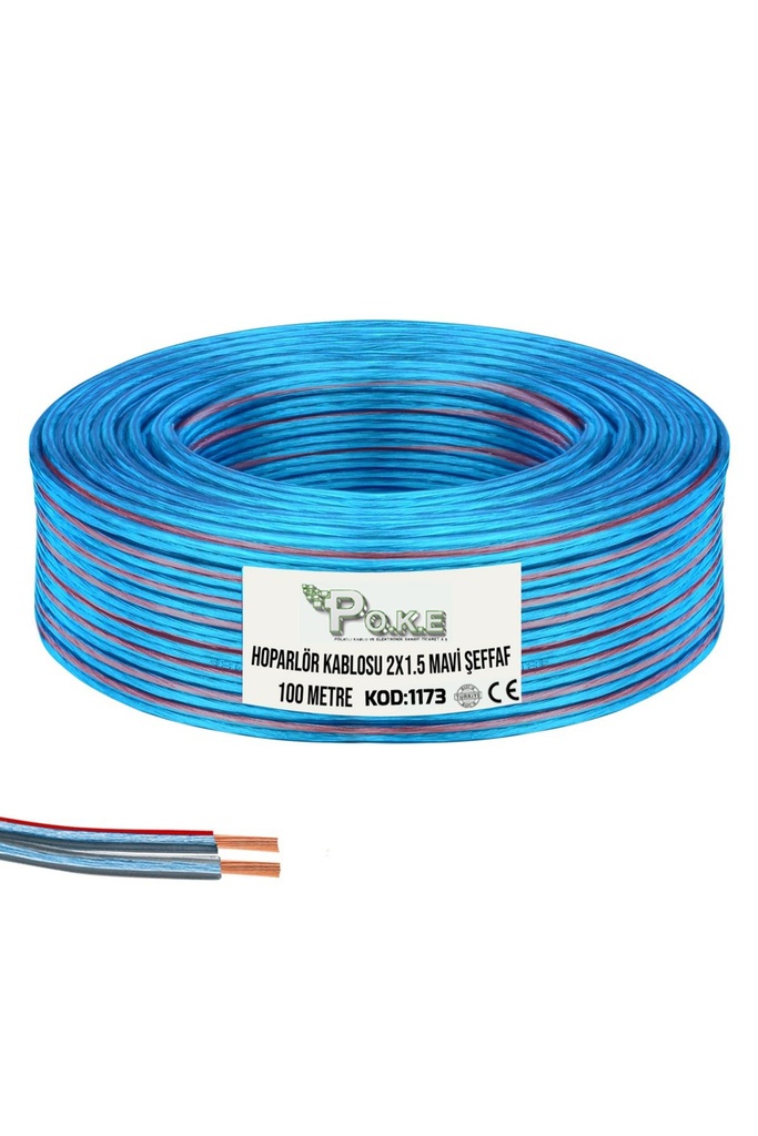 2x1.5 Hoparlör Kablosu Şeffaf Mavi Kordon 100mt Poke Pk-1173