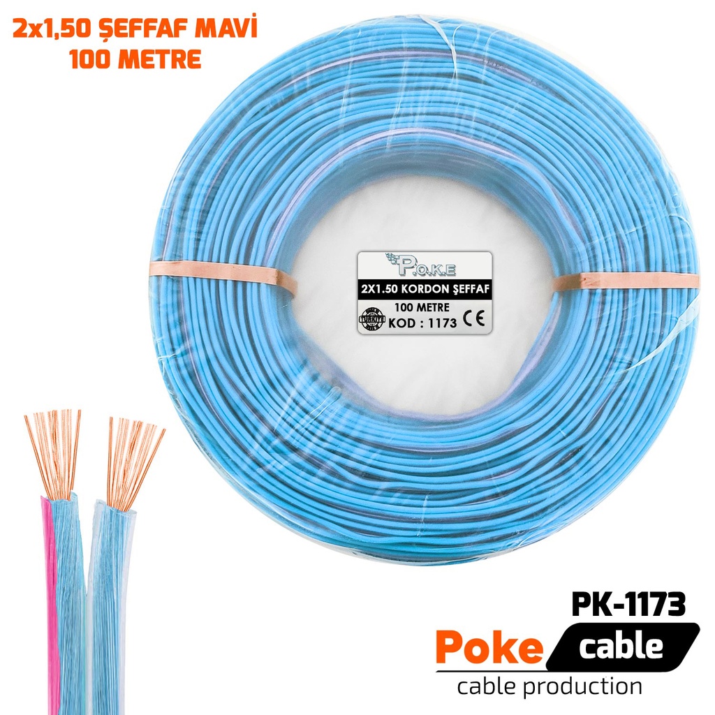 2x1.5 Hoparlör Kablosu Şeffaf Mavi Kordon 100mt Poke Pk-1173